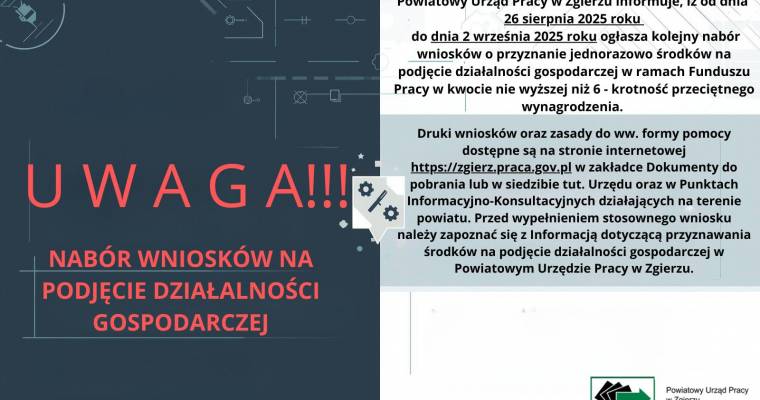 Nabór wniosków o przyznanie jednorazowo środków na podjęcie działalności gospodarczej w ramach Funduszu Pracy