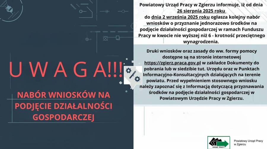 Aktualność Nabór wniosków o przyznanie jednorazowo środków na podjęcie działalności gospodarczej w ramach Funduszu Pracy